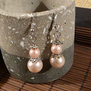 Handcrafted Light Pink Antiqued Silver Glass Pearl Drop Earrings